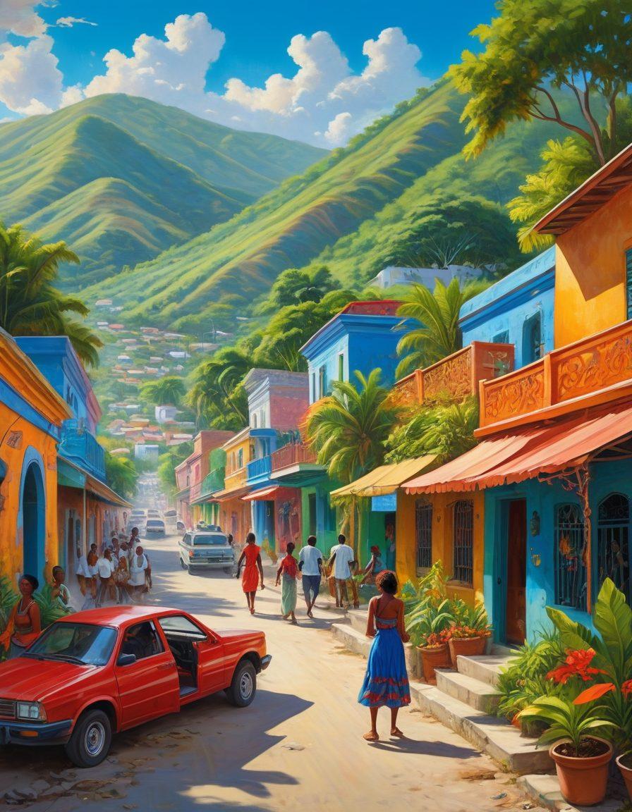 A vibrant and dynamic scene featuring a colorful Haitian street filled with rich cultural elements, where adult cartoon characters blend seamlessly into the environment. In the foreground, a mural showcases iconic Haitian folklore intertwined with playful cartoon designs, surrounded by locals engaged in lively discussions. The background reveals the lush hills of Haiti under a bright blue sky. The artwork should evoke a sense of community, creativity, and cultural exploration. super-realistic. vibrant colors. 3D.