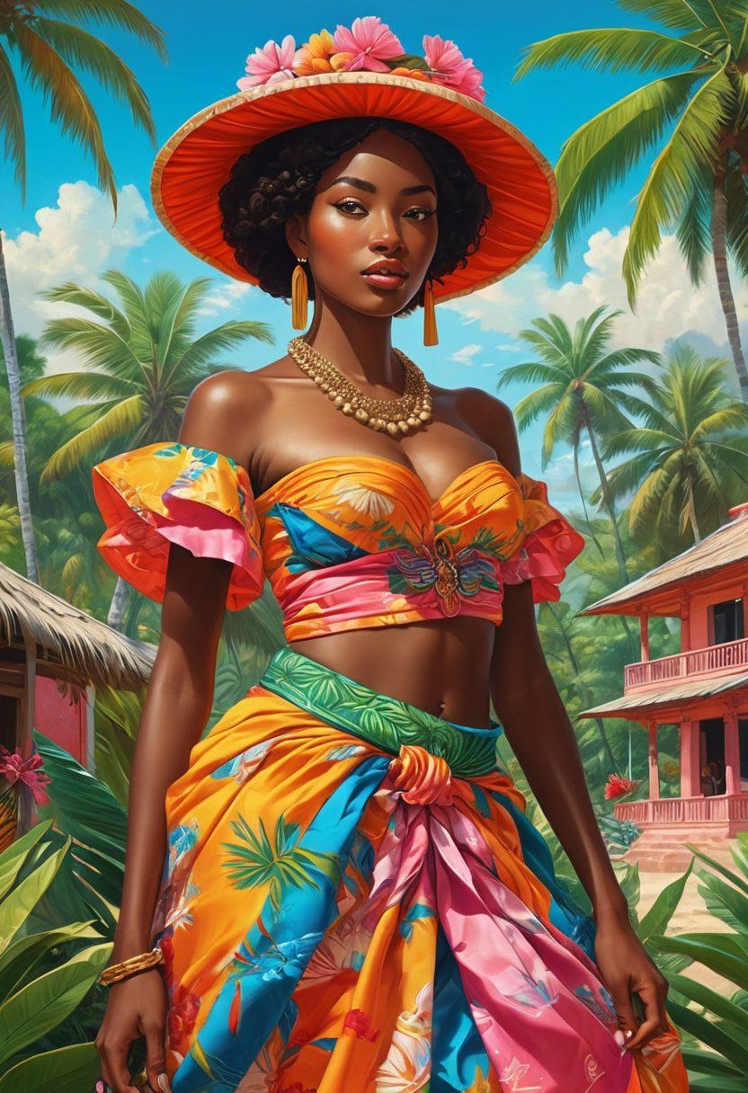 A captivating illustration blending elements of hentai art with vibrant Haitian cultural motifs, featuring colorful traditional clothing and lively landscapes. Include abstract shapes and playful characters that represent both erotic art and rich symbolism unique to Haiti. The background should showcase a tropical setting with palm trees and traditional architecture. The overall tone should be both playful and provocative, inviting viewers to delve into this unique fusion. vibrant colors. super-realistic. fine art.