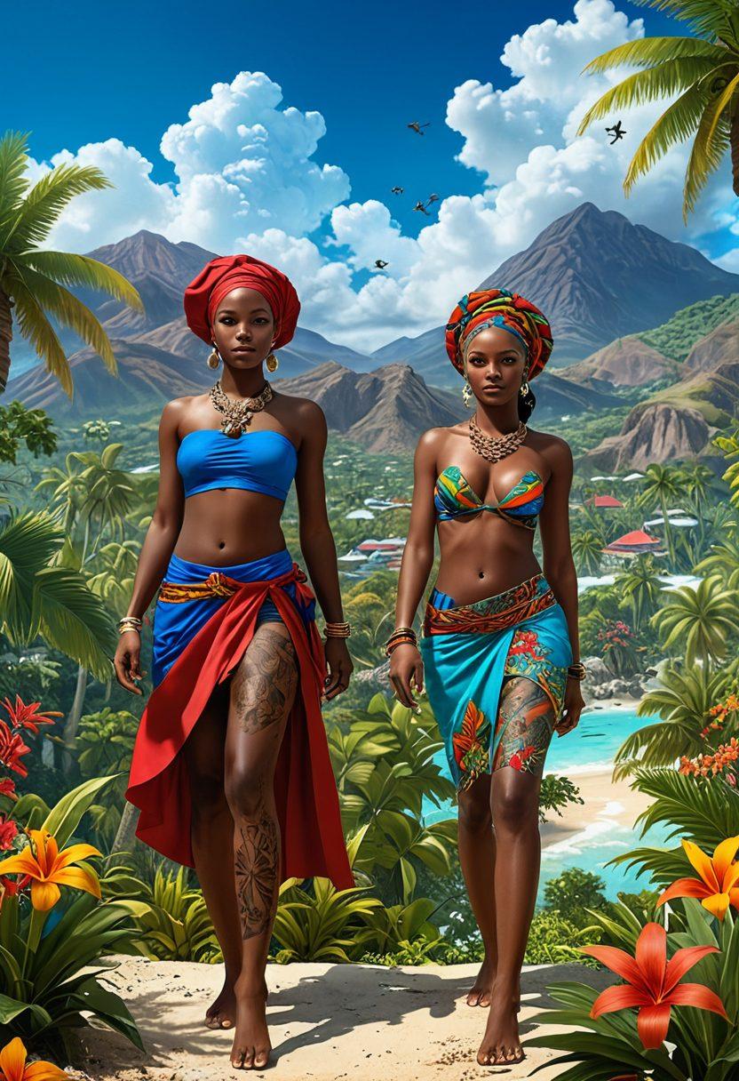 A vibrant blend of Haitian culture and hentai animation, showcasing a lush mountainous landscape with colorful traditional Haitian symbols intermingled with playful manga-style figures. Include elements like tropical flora, artful tattoos, and dynamic poses of characters in beautiful attire enjoying the scenery. The sky should be bright and animated to evoke a sense of adventure. super-realistic. vibrant colors. 3D.